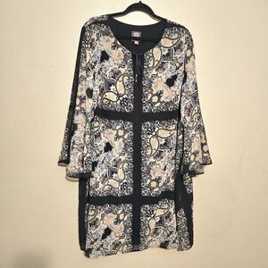 Vince Camuto Navy Blue Abstract Print Midi Dress Size 20W Tansel Tie Neck